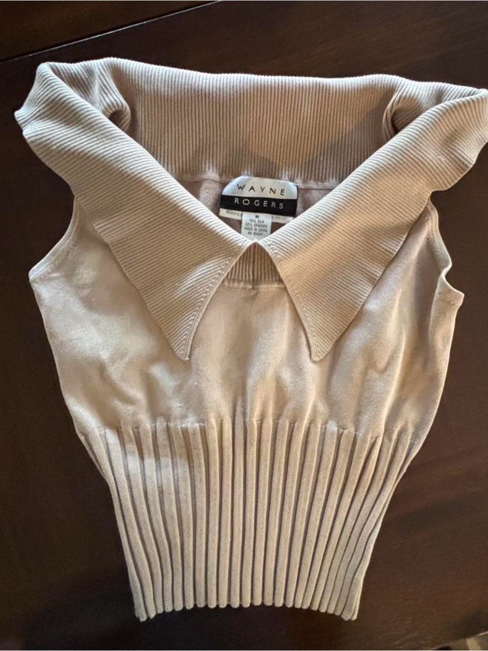 Vintage 90’s Wayne Rogers Ribbed Off-the-Shoulder Crop Sweater in Beige